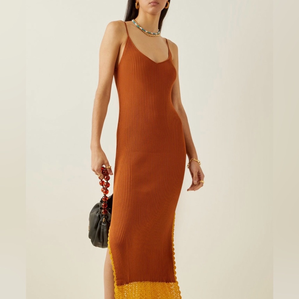 STAUD Brown and Yellow Midi Dress